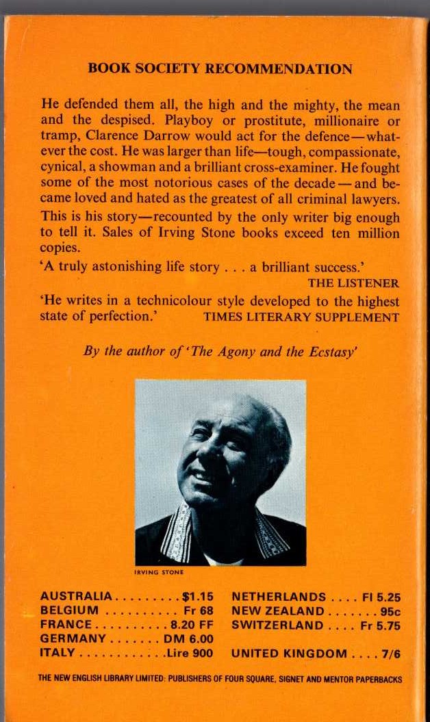 Irving Stone  CLARENCE DARROW FOR THE DEFENCE magnified rear book cover image