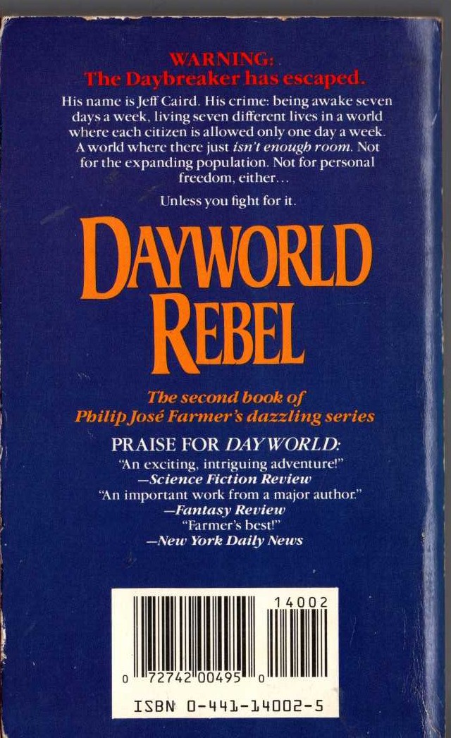 Philip Jose Farmer  DAYWORLD REBEL magnified rear book cover image