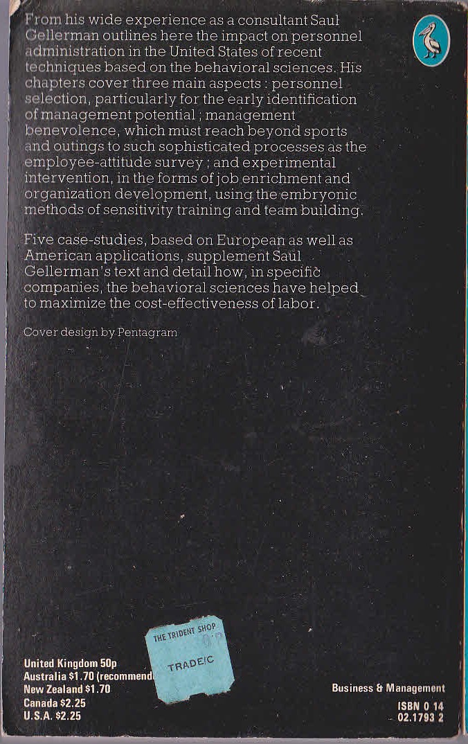 Saul W. Gellerman  BEHAVIORAL SCIENCE IN MANAGEMENT magnified rear book cover image