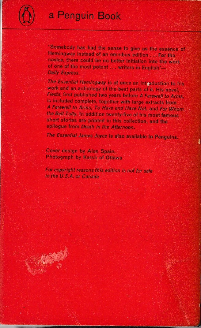 Ernest Hemingway  THE ESSENTIAL HEMINGWAY magnified rear book cover image
