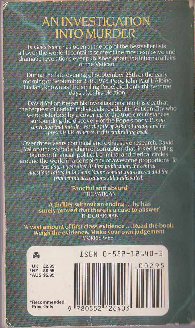 David Yallop  IN GOD'S NAME magnified rear book cover image