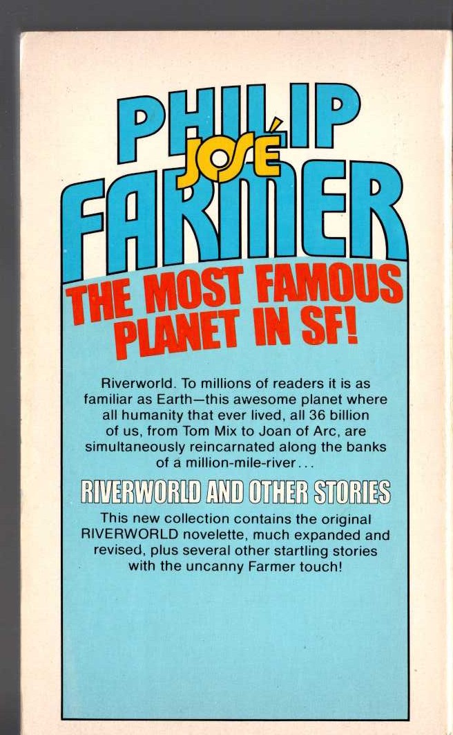 Philip Jose Farmer  RIVERWORLD AND OTHER STORIES magnified rear book cover image