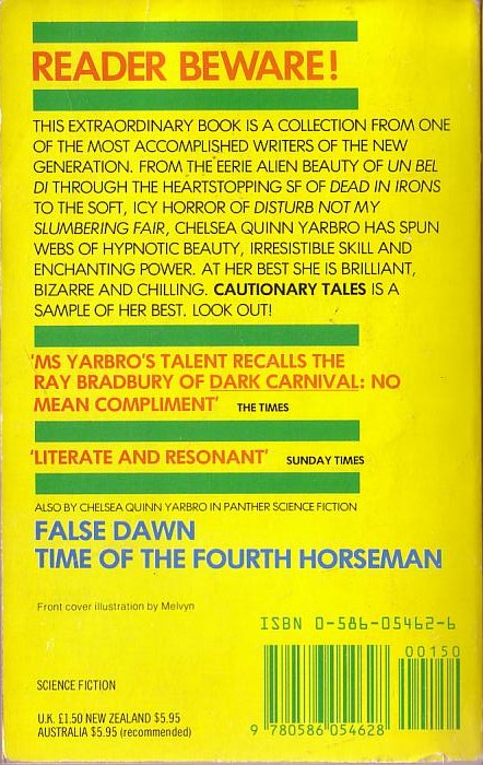 Chelsea Quinn Yarbro  CAUTIONARY TALES magnified rear book cover image