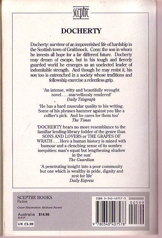 William McIlvanney  DOCHERTY magnified rear book cover image