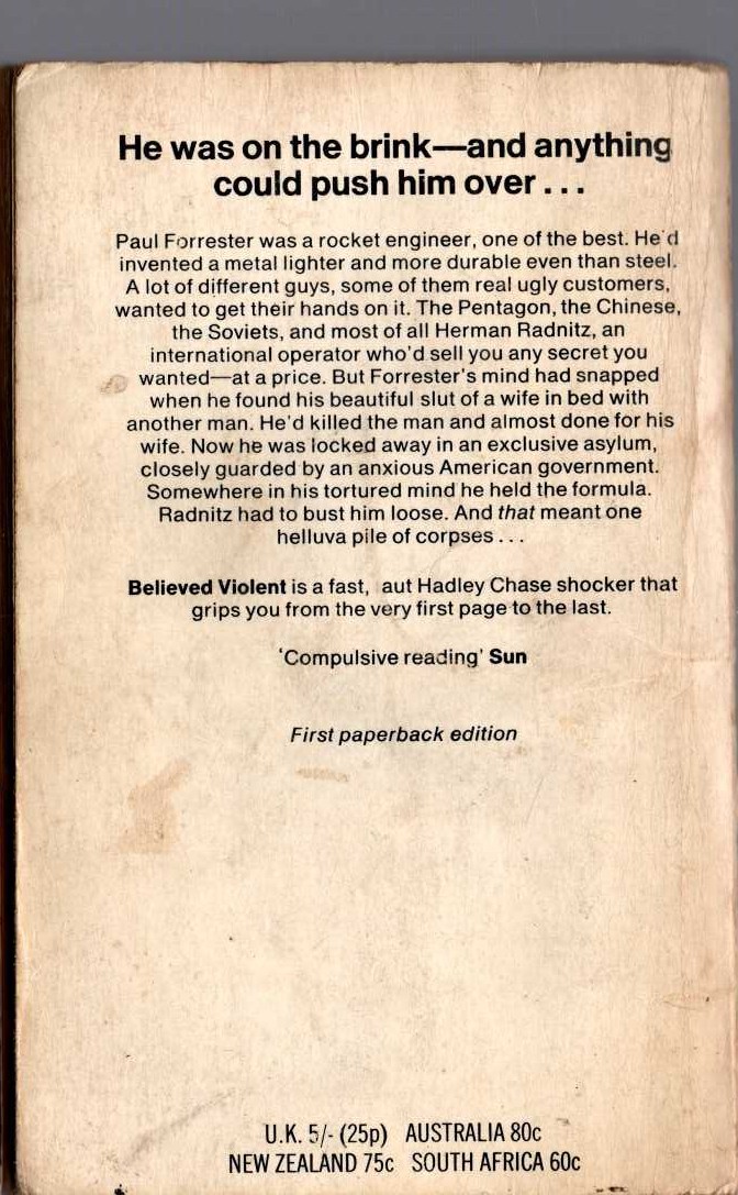 James Hadley Chase  BELIEVED VIOLENT magnified rear book cover image