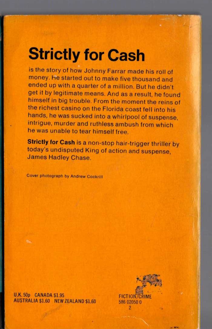 James Hadley Chase  STRICTLY FOR CASH magnified rear book cover image