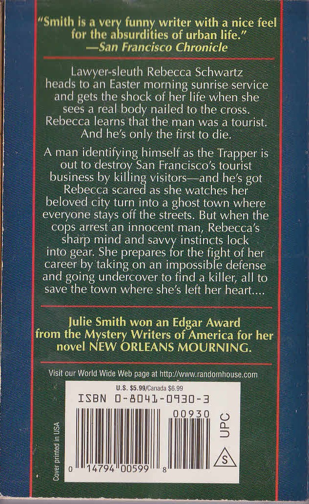Julie Smith  TOURIST TRAP magnified rear book cover image