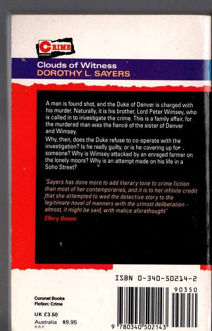Dorothy L. Sayers  CLOUDS OF WITNESS magnified rear book cover image