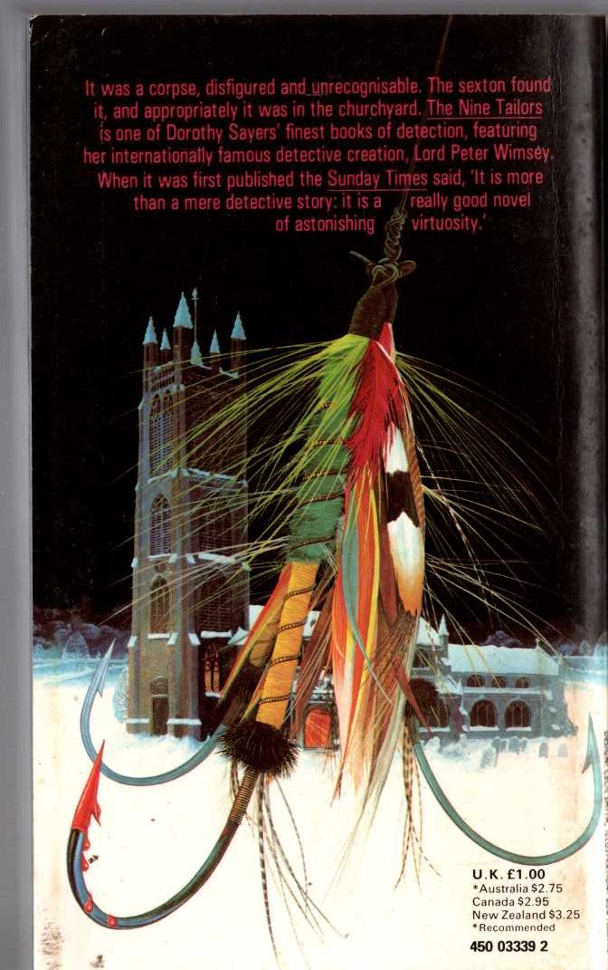 Dorothy L. Sayers  THE NINE TAYLORS magnified rear book cover image