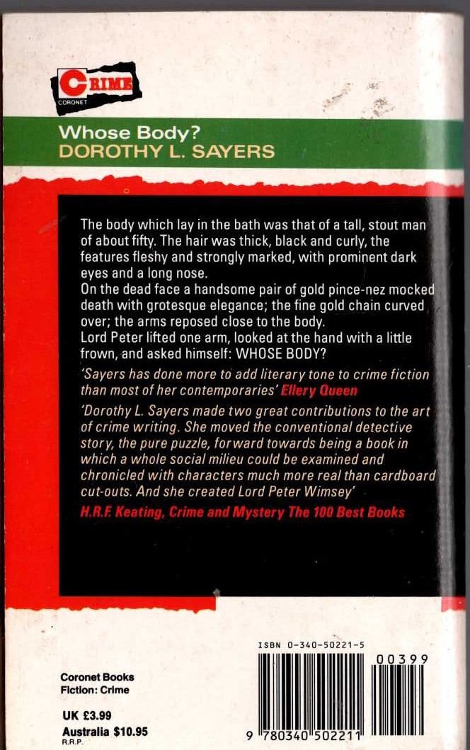 Dorothy L. Sayers  WHOSE BODY? magnified rear book cover image