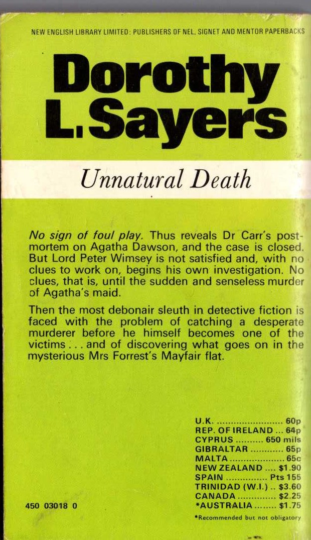 Dorothy L. Sayers  MURDER MUST ADVERTISE magnified rear book cover image