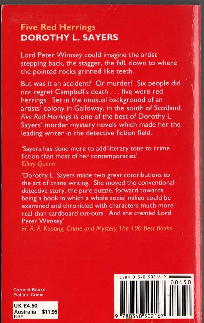 Dorothy L. Sayers  FIVE RED HERRINGS magnified rear book cover image