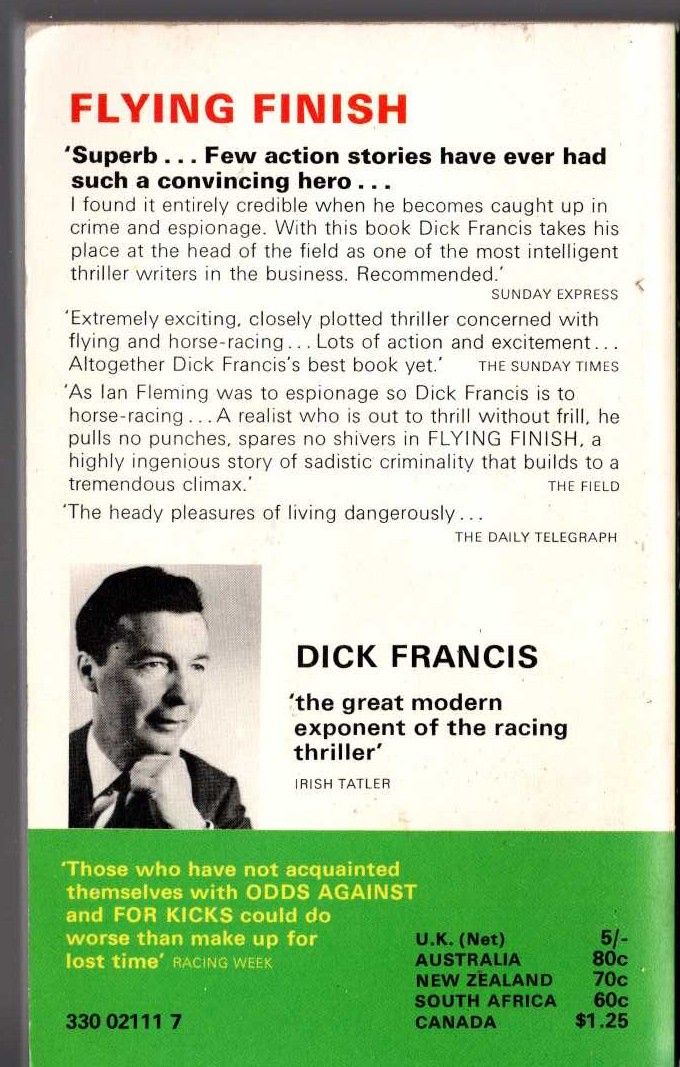 Dick Francis  FLYING FINISH magnified rear book cover image