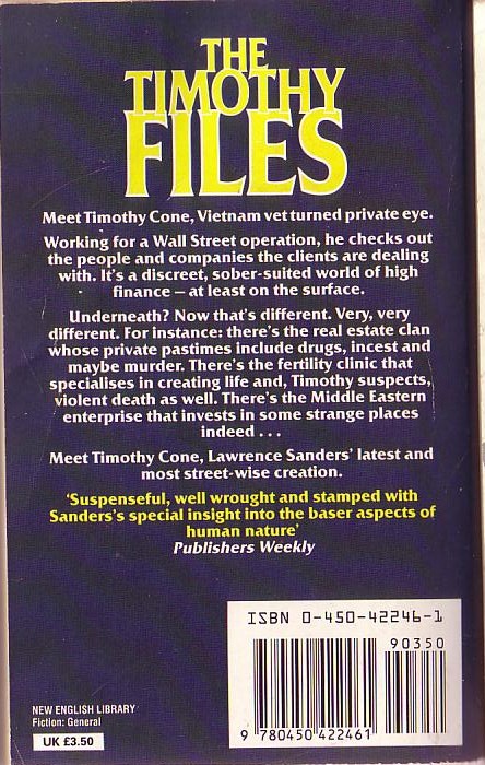 Lawrence Sanders  THE TIMOTHY FILES magnified rear book cover image
