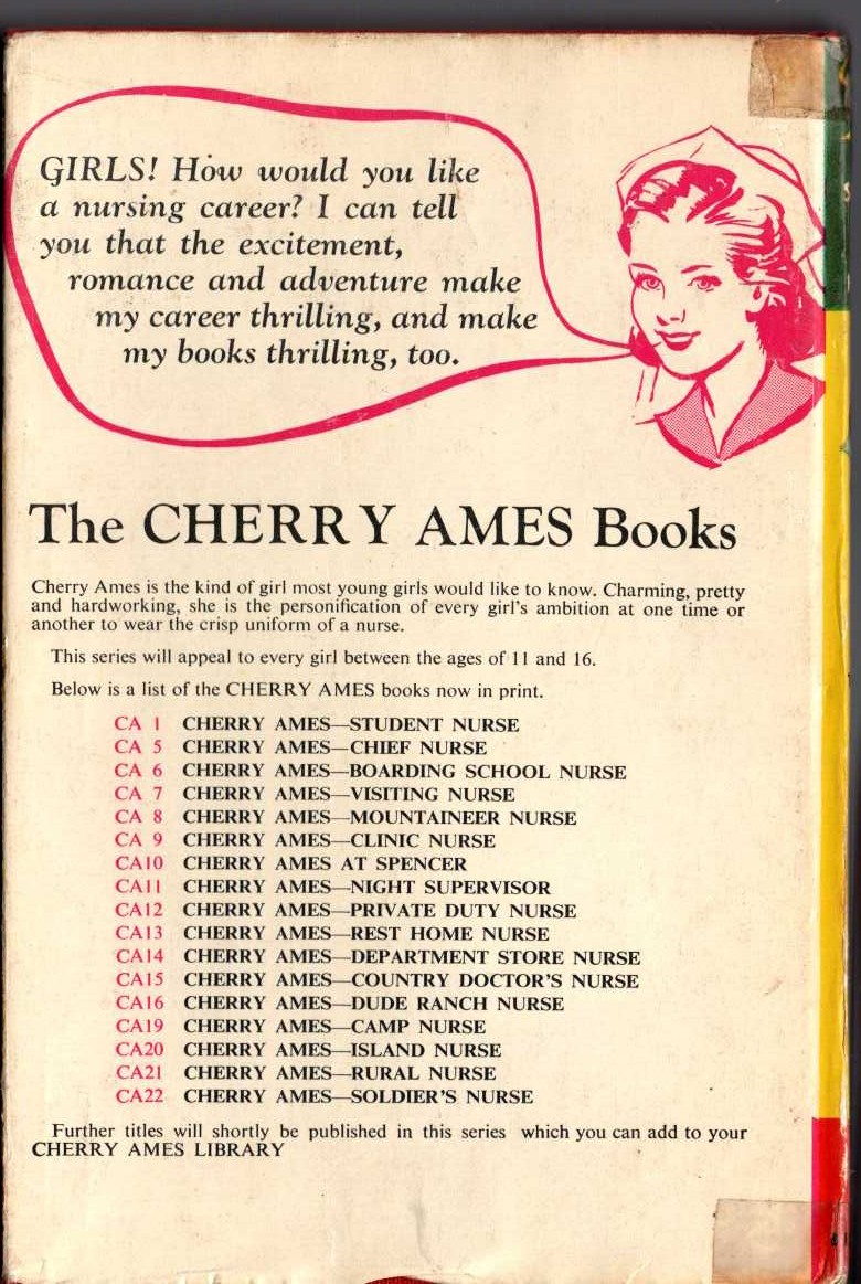 CHERRY AMES SOLDIERS' NURSE magnified rear book cover image