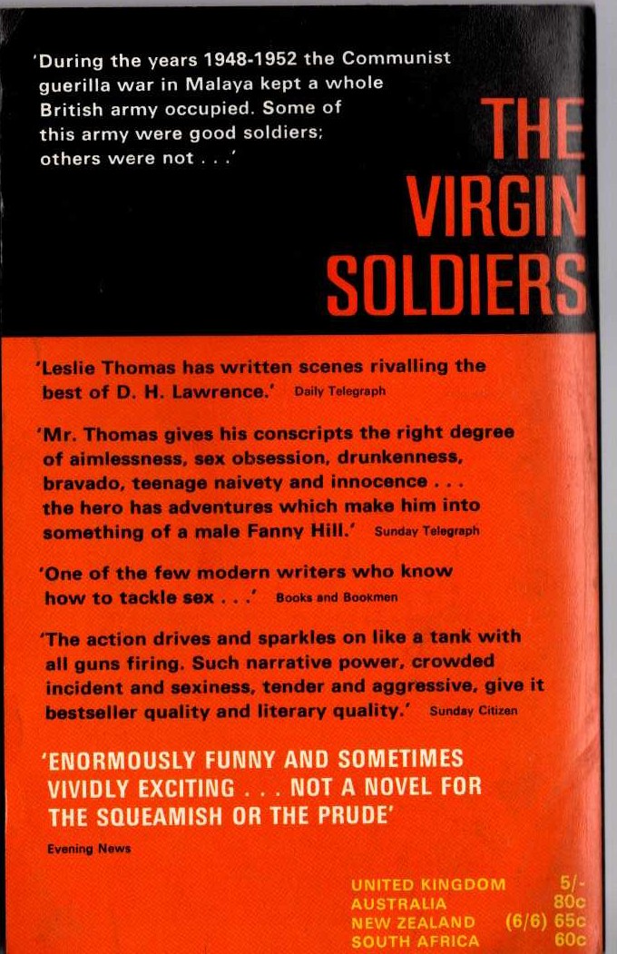 Leslie Thomas  THE VIRGIN SOLDIERS magnified rear book cover image