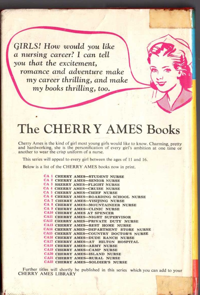 CHERRY AMES AT HILTON HOSPITAL magnified rear book cover image