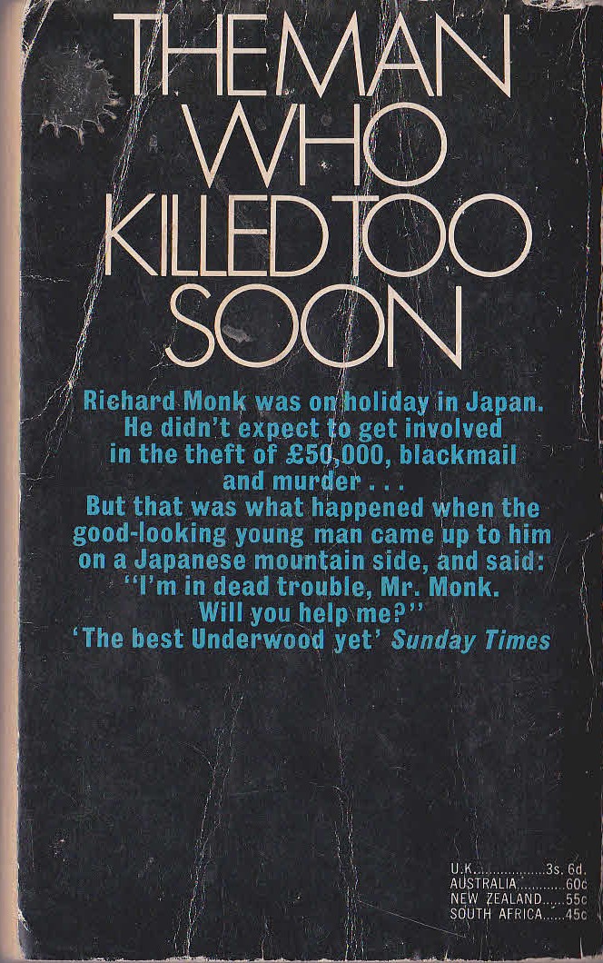 Michael Underwood  THE MAN WHO KILLED TOO SOON magnified rear book cover image