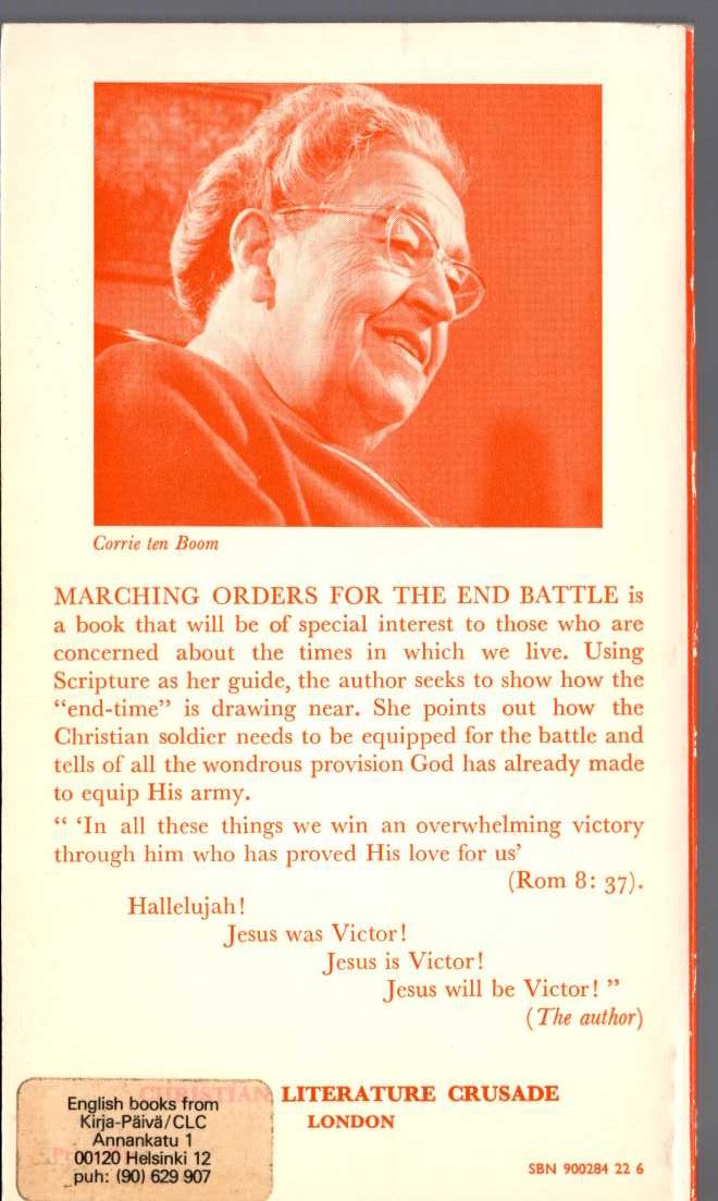 Corrie ten Boom  MARCHING ORDERS FOR THE END BATTLE magnified rear book cover image