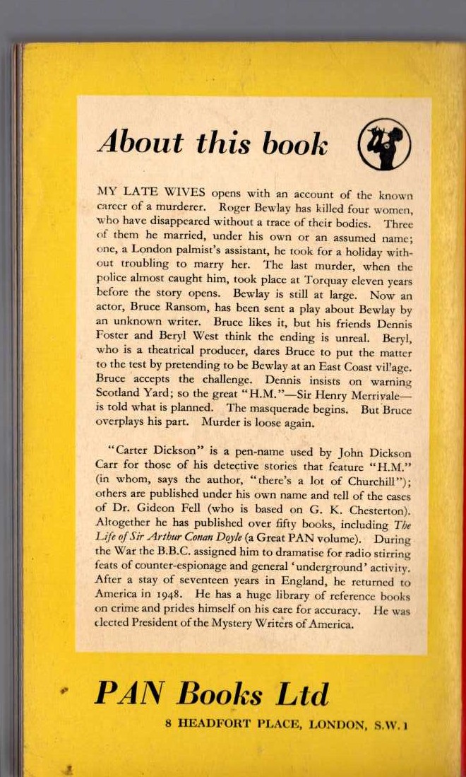 Carter Dickson  MY LATE WIVES magnified rear book cover image