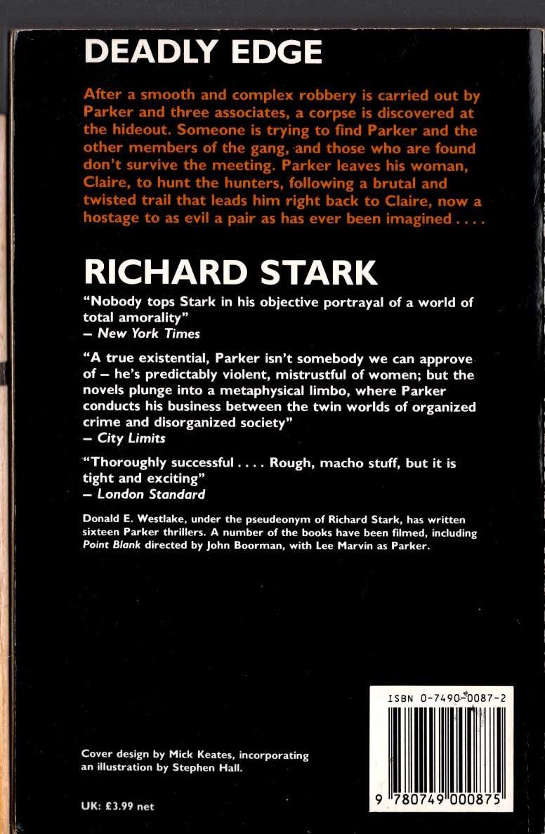 Richard Stark  DEADLY EDGE magnified rear book cover image