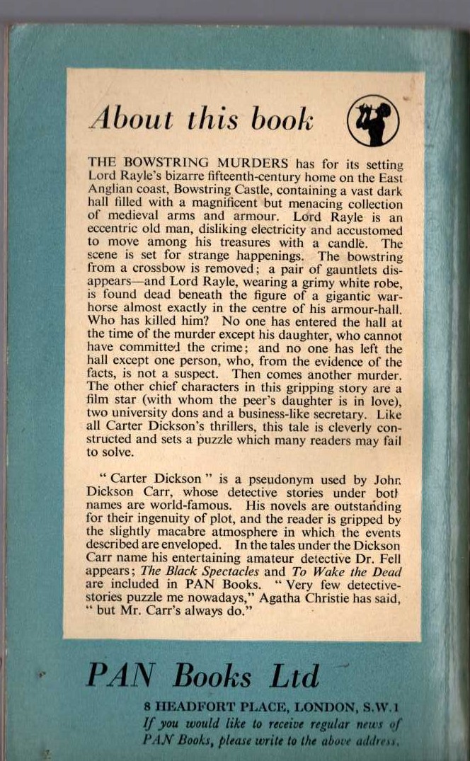 Carter Dickson  THE BOWSTRING MURDERS magnified rear book cover image