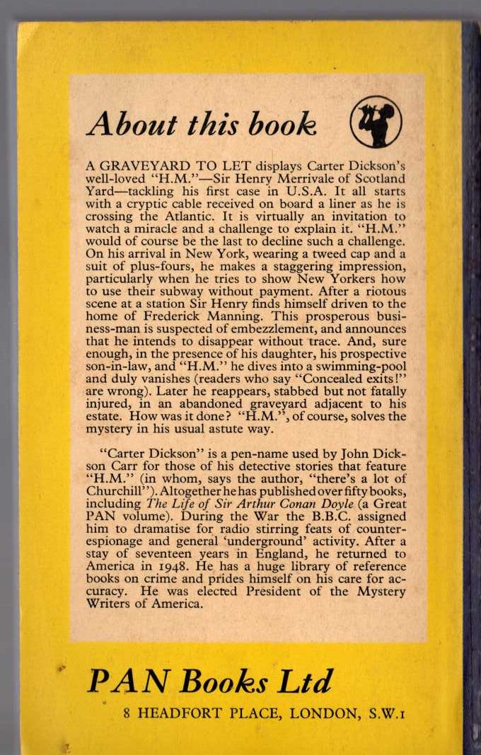 Carter Dickson  A GRAVEYARD TO LET magnified rear book cover image