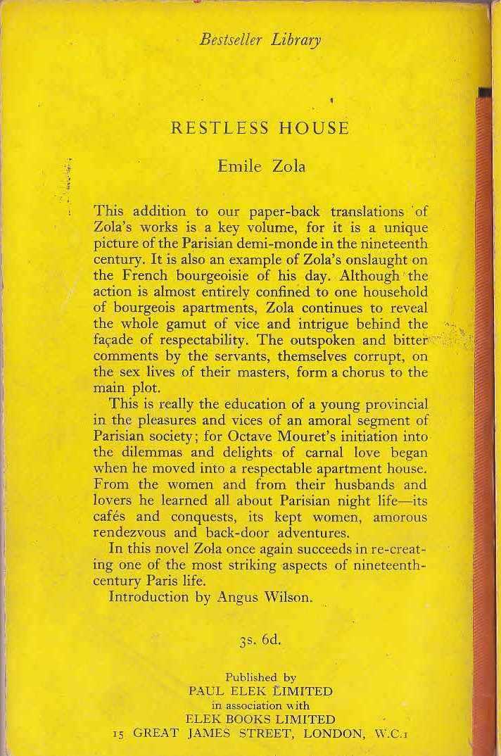 Emile Zola  RESTLESS HOUSE magnified rear book cover image