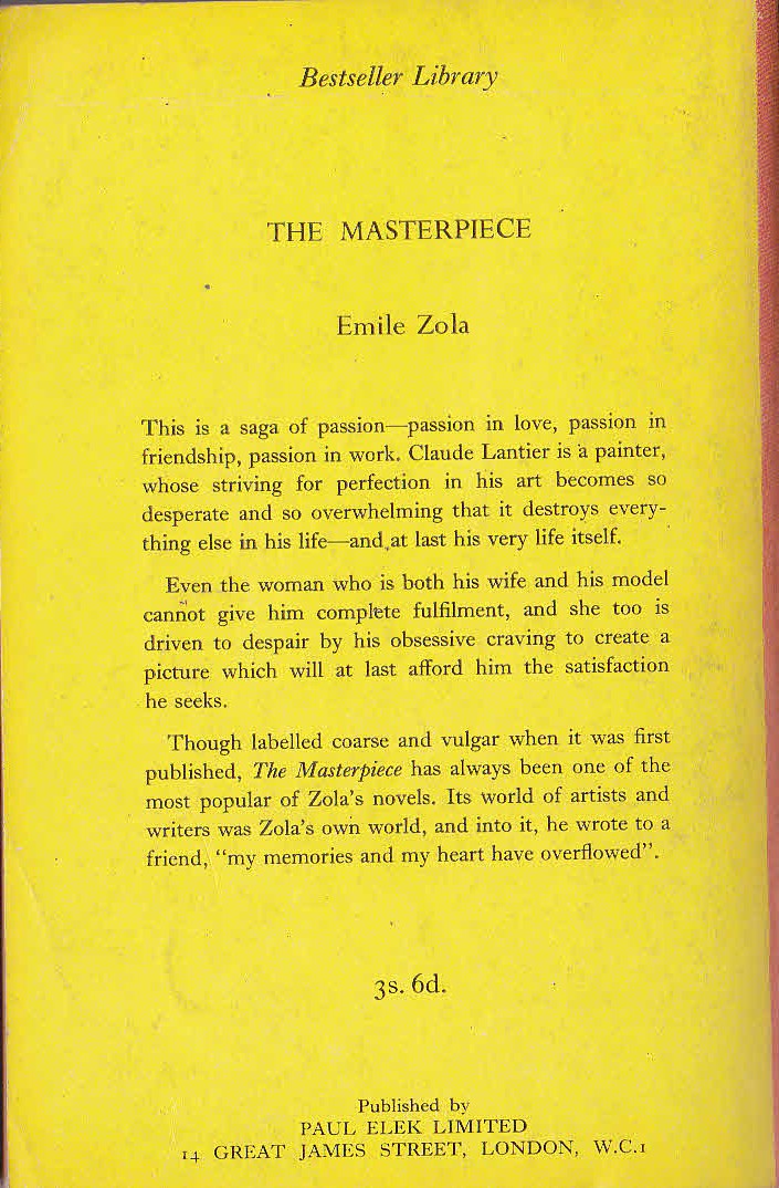 Emile Zola  THE MASTERPIECE magnified rear book cover image