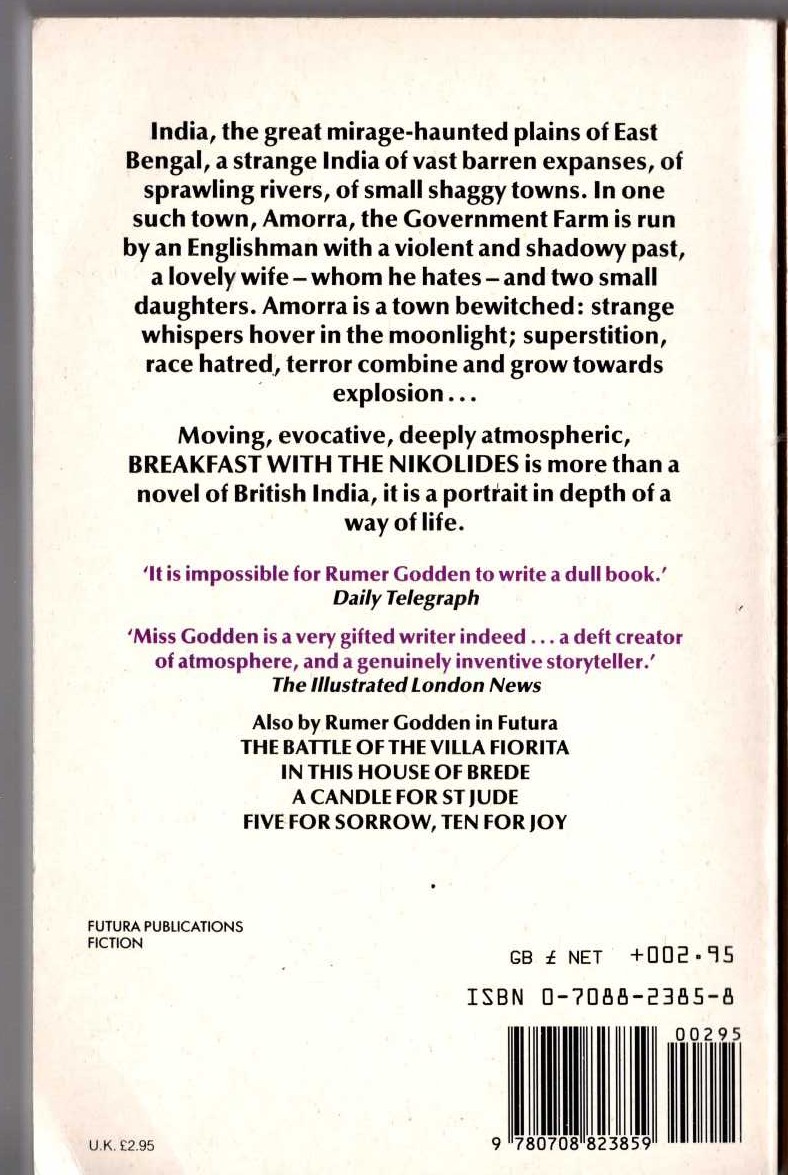 Rumer Godden  BREAKFAST WITH THE NIKOLIDES magnified rear book cover image