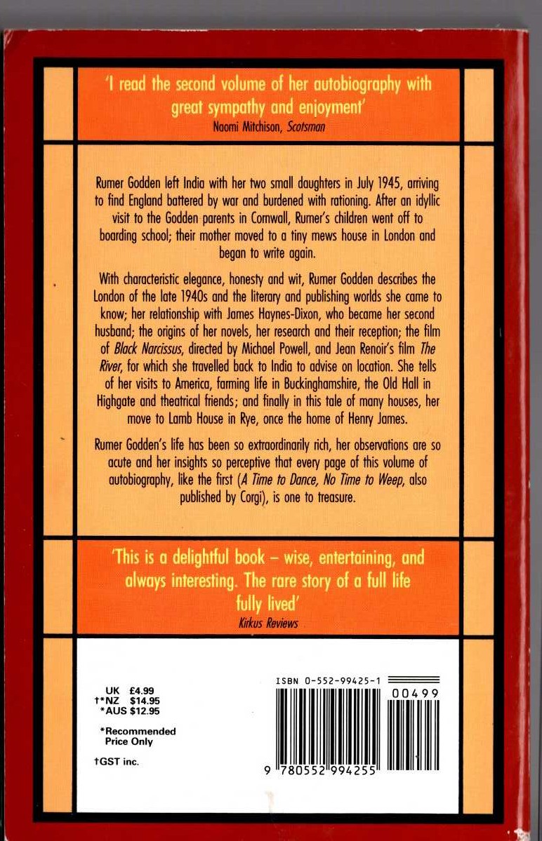 Rumer Godden  A HOUSE WITH FOUR ROOMS. Autobiography volume.2 magnified rear book cover image