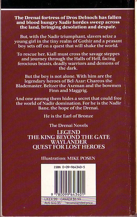 David Gemmell  QUEST FOR LOST HEROES magnified rear book cover image