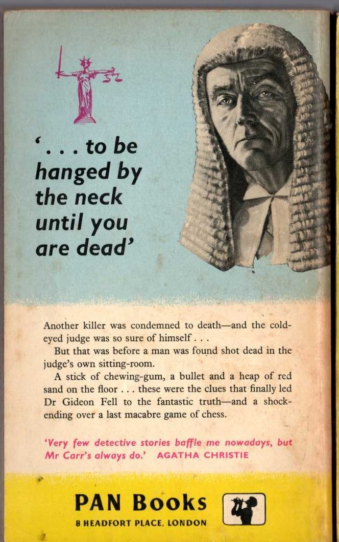 John Dickson Carr  THE SEAT OF THE SCORNFUL magnified rear book cover image