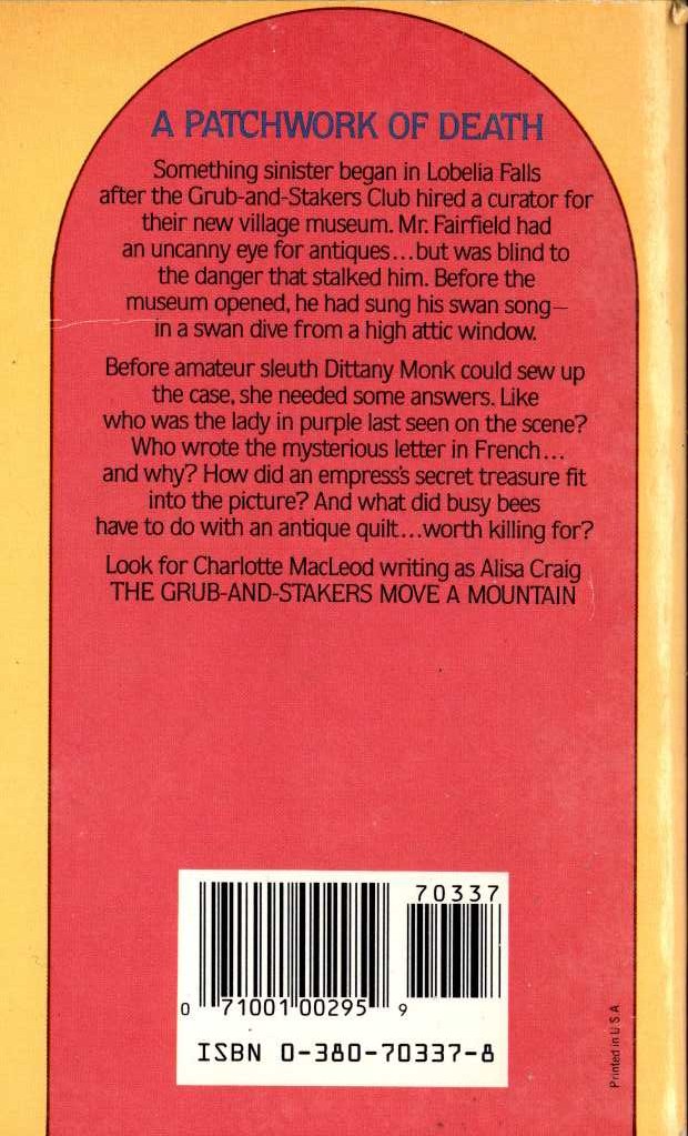 Charlotte Macleod  THE GRUB-AND-STAKERS QUILT A BEE magnified rear book cover image