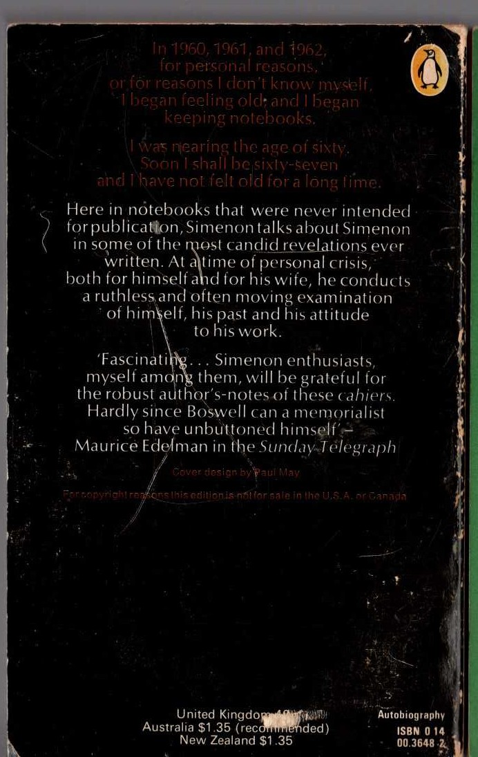 Georges Simenon  WHEN I WAS OLD: SIMENON ON SIMENON (Autobiography) magnified rear book cover image