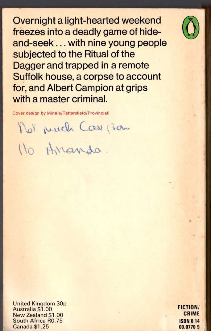 Margery Allingham  THE CRIME AT BLACK DUDLEY magnified rear book cover image