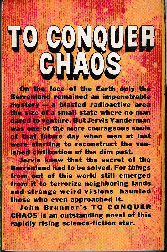 John Brunner  TO CONQUER CHAOS magnified rear book cover image