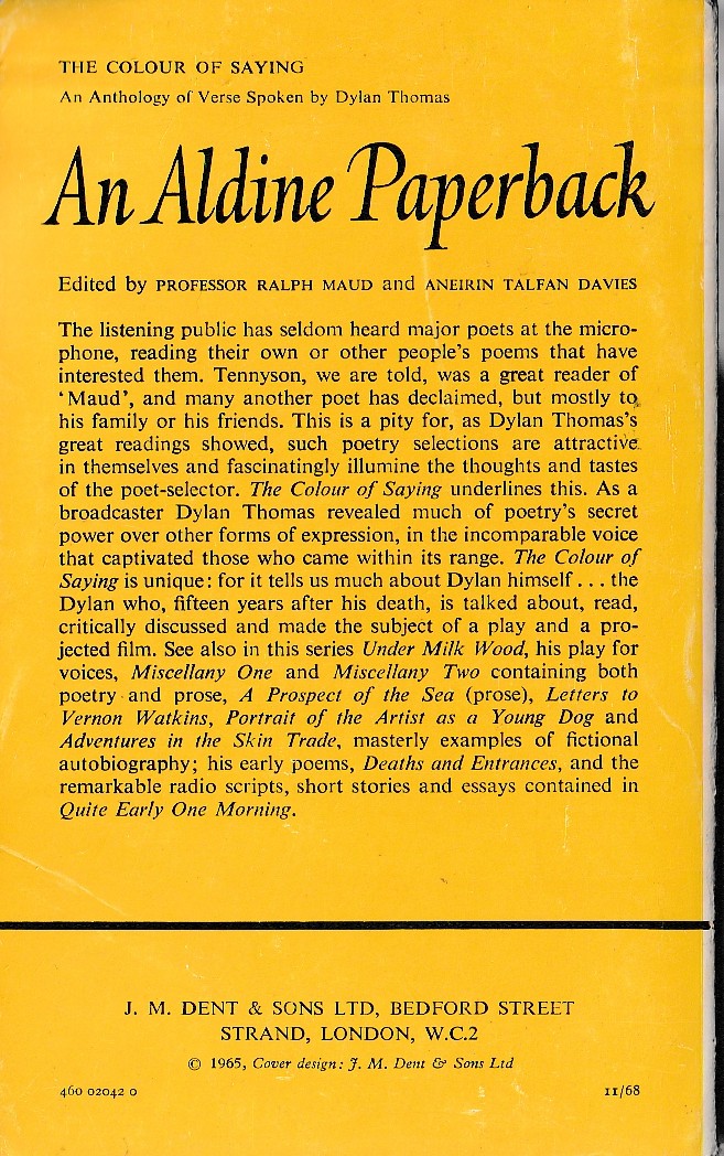Dylan Thomas  THE COLOUR OF SAYING. An Anthology of Verse magnified rear book cover image