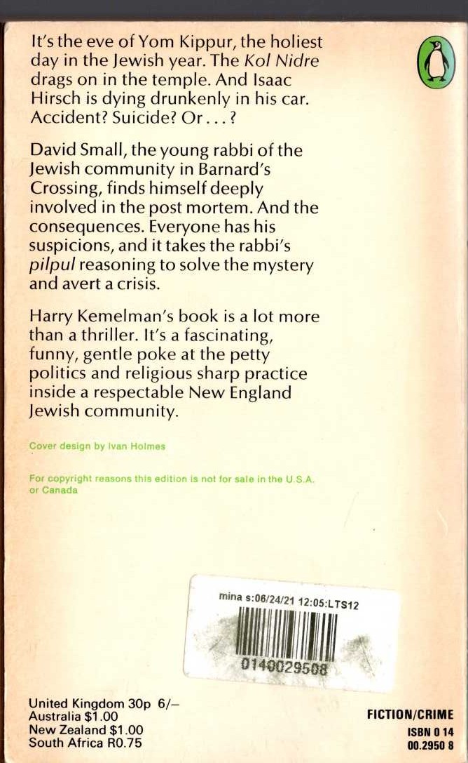 Harry Kemelman  SATURDAY THE RABBI WENT HUNGRY magnified rear book cover image