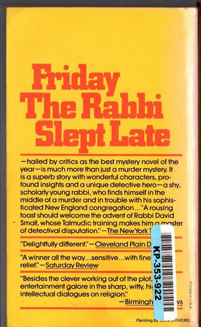 Harry Kemelman  FRIDAY THE RABBI SLEPT LATE magnified rear book cover image
