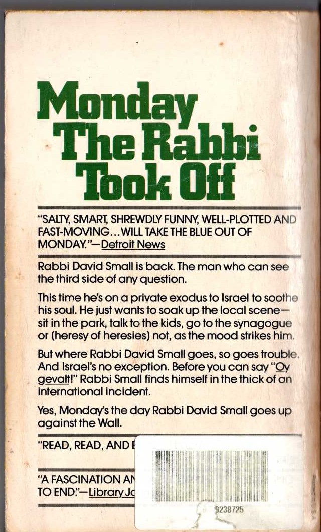 Harry Kemelman  MONDAY THE RABBI TOOK OFF magnified rear book cover image