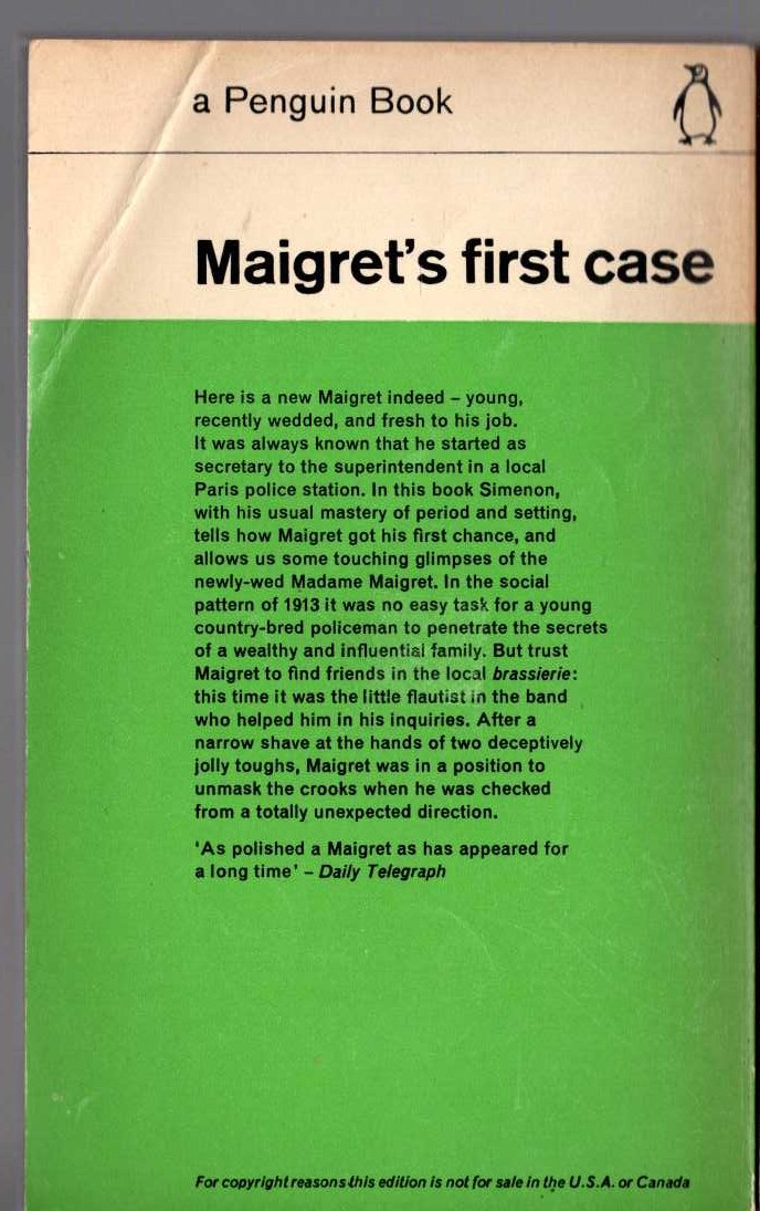 Georges Simenon  MAIGRET'S FIRST CASE magnified rear book cover image