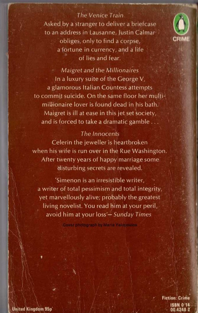 Georges Simenon  THE ELEVENTH SIMENON OMNIBUS: THE VENICE TRAIN/ MAIGRET AND THE MILLIONAIRES/ THE INNOCENTS magnified rear book cover image
