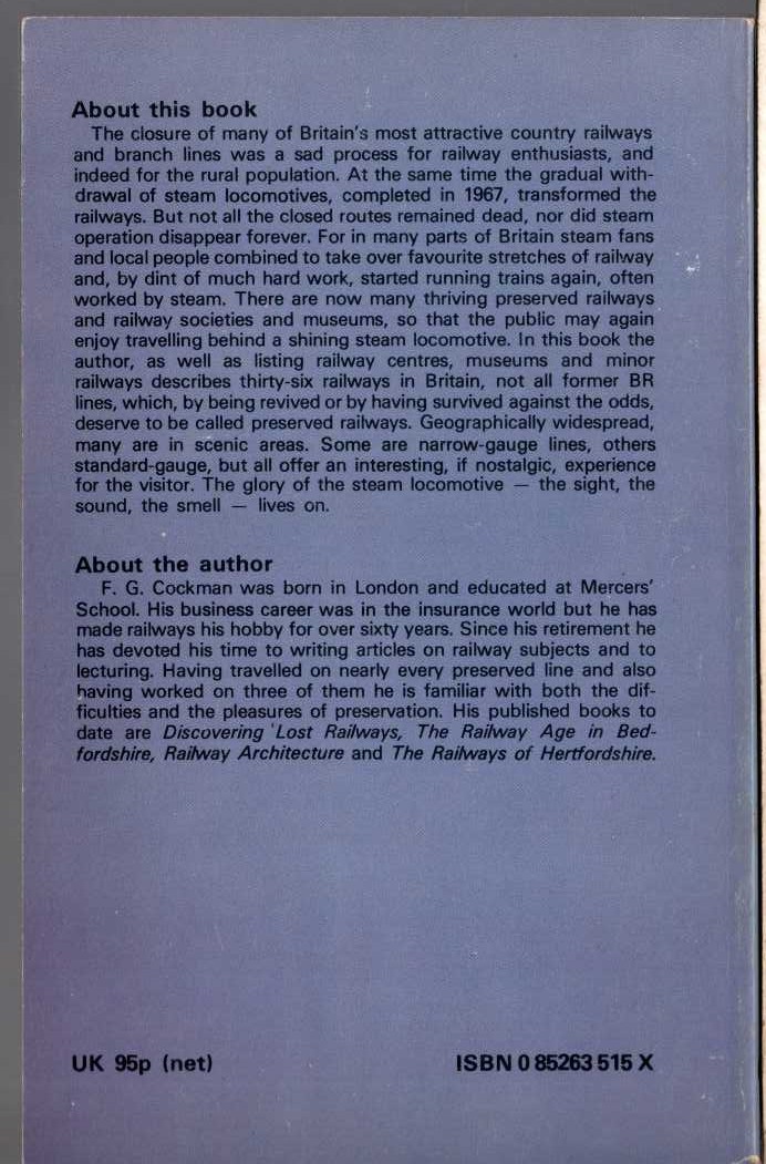 F.G. Cockman  DISCOVERING PRESERVED RAILWAYS magnified rear book cover image