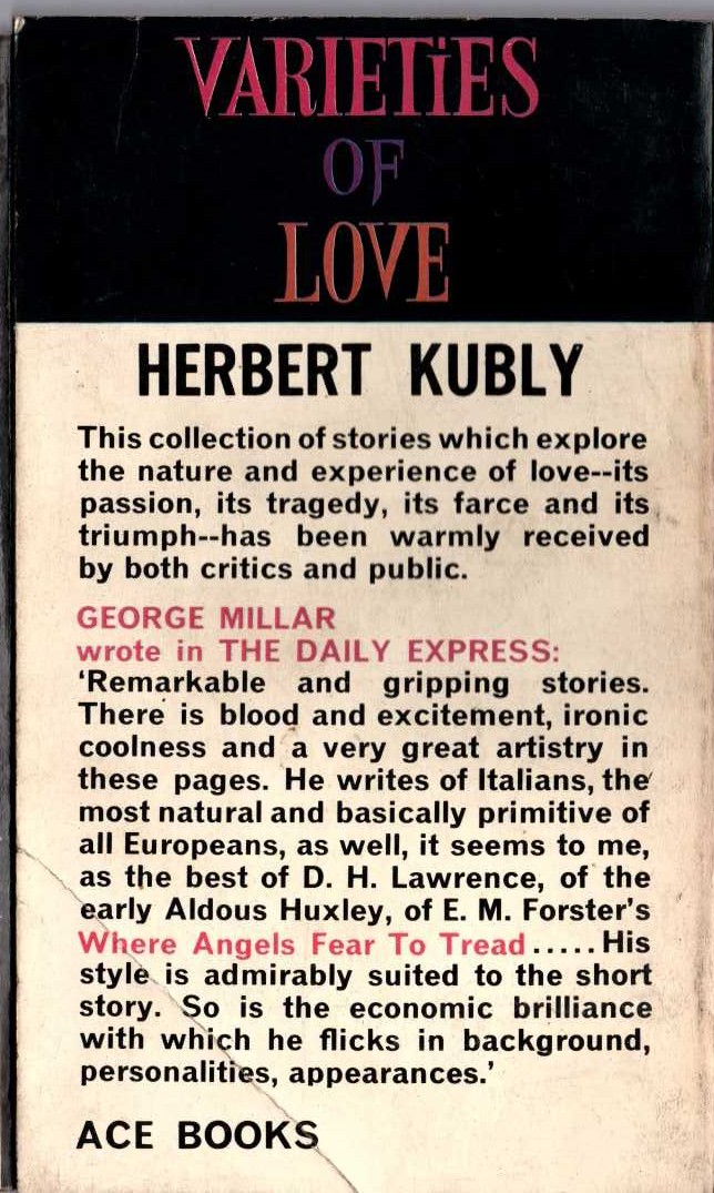 Herbert Kubly  VARIETIES OF LOVE magnified rear book cover image