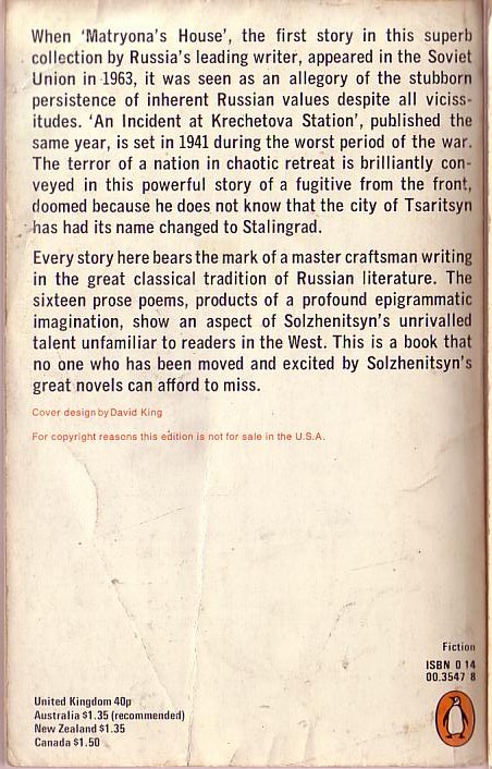 Alexander Solzhenitsyn  STORIES AND PROSE POEMS magnified rear book cover image