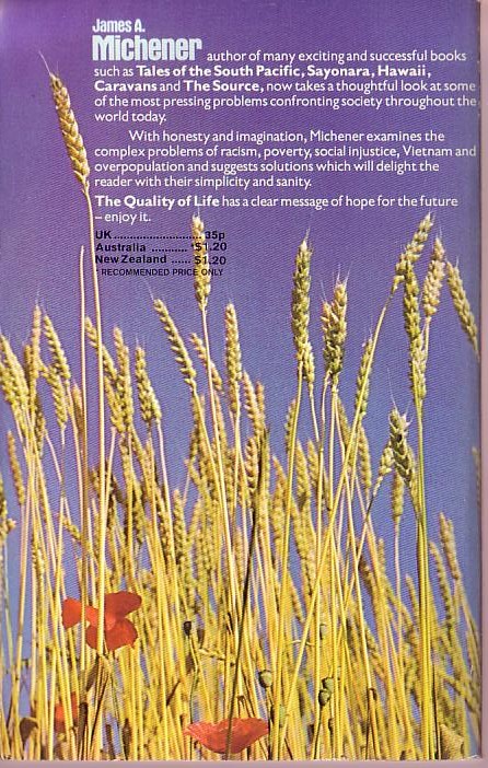 James A. Michener  THE QUALITY OF LIFE magnified rear book cover image