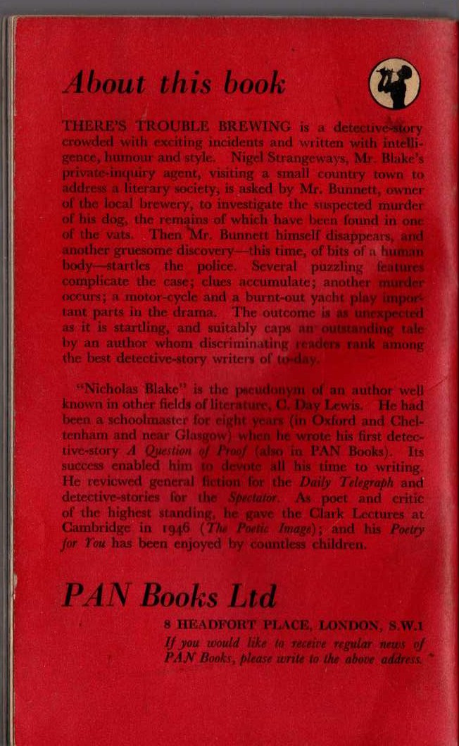 Nicholas Blake  THERE'S TROUBLE BREWING magnified rear book cover image