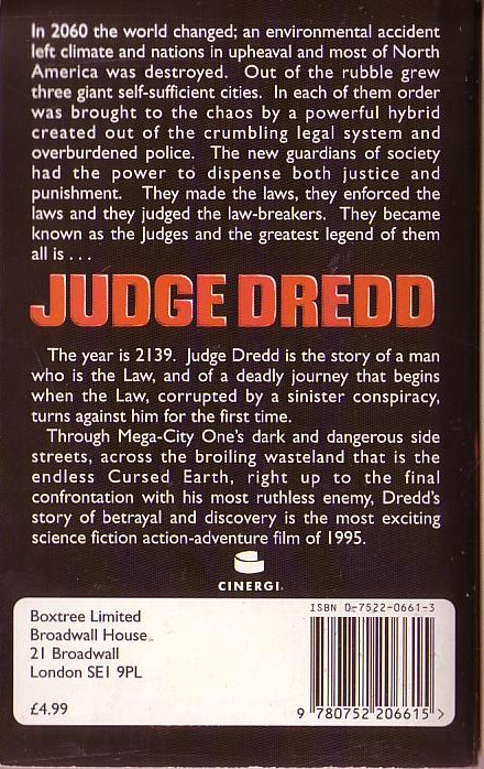 Neal Barrett  JUDGE DREAD (Sylvester Stallone) magnified rear book cover image