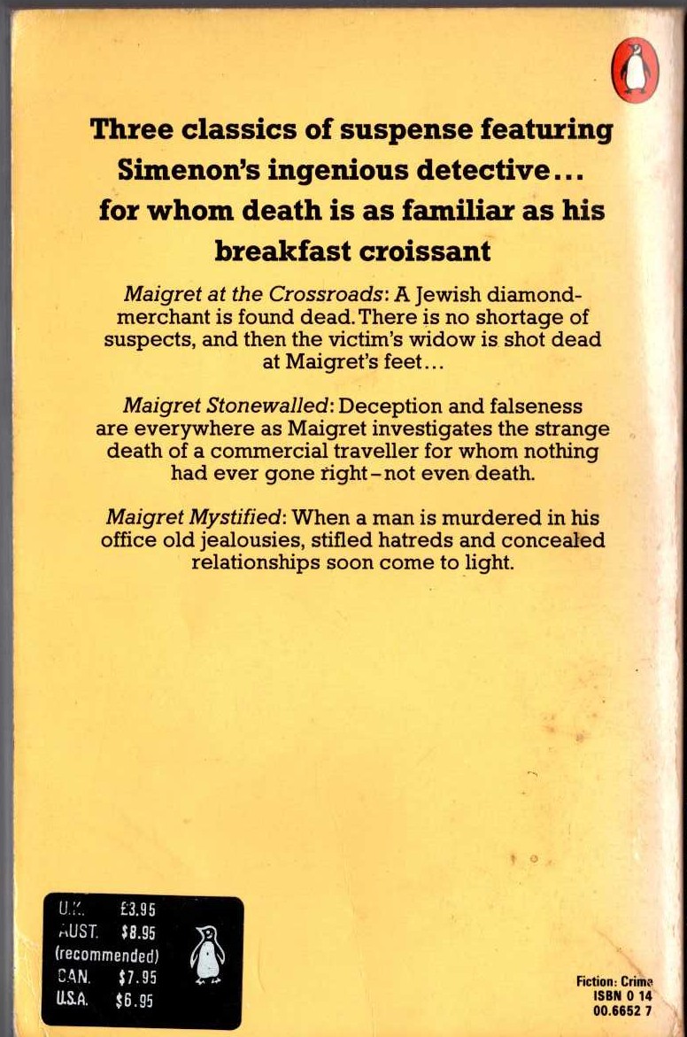 Georges Simenon  MAIGRET AT THE CROSSROADS plus MAIGRET STONEWALLED and MAIGRET MYSTIFIED magnified rear book cover image